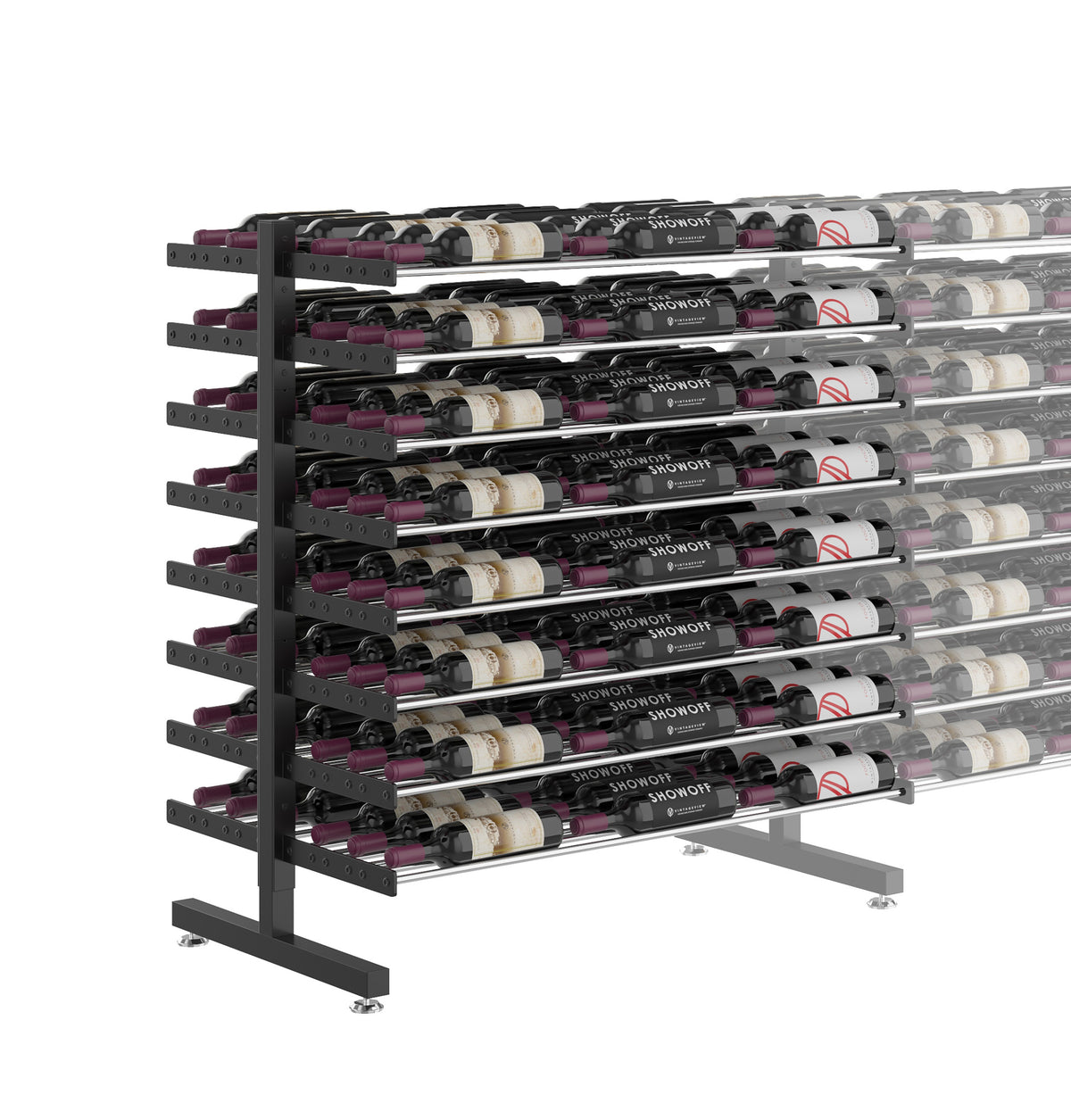 Matte black double-sided wine bottle display rack with multi-tier slots, caster feet