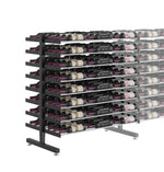 Matte black double-sided wine bottle display rack with multi-tier slots, caster feet