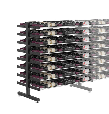 Matte black double-sided wine bottle display rack with multi-tier slots, caster feet