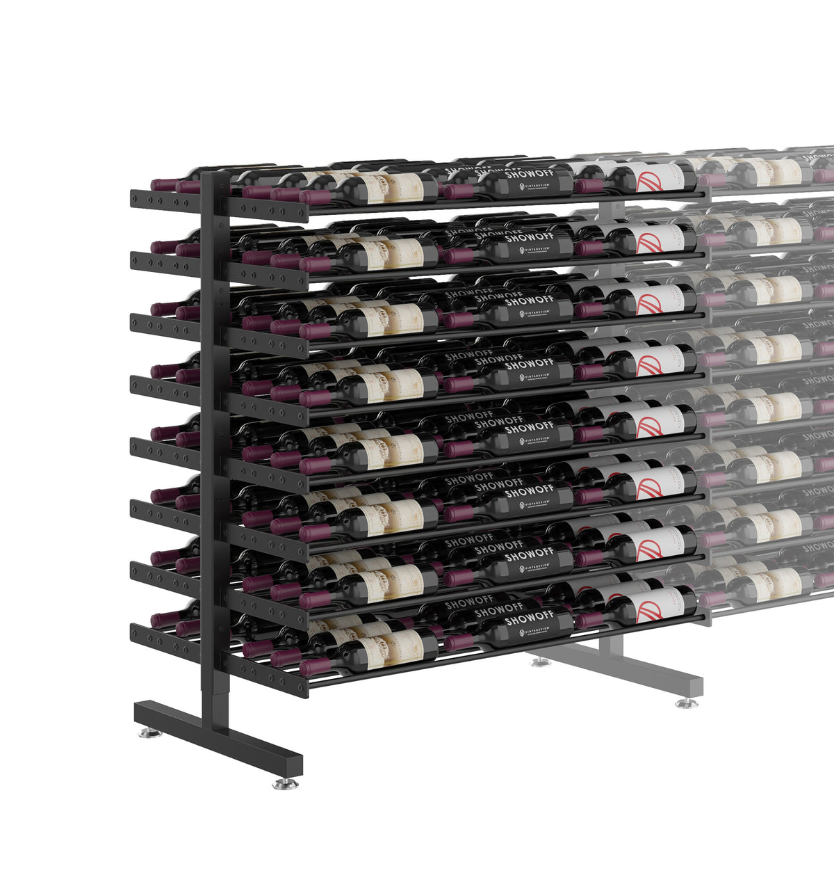 Matte black double-sided bottle display rack with multi-tier rows for bottles on pegs