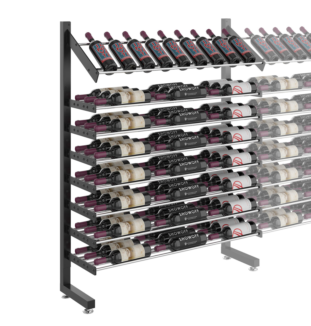 Single-sided display rack showing multiple wine bottle cradles with label fronts