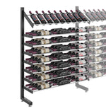 Single-sided display rack showing multiple wine bottle cradles with label fronts