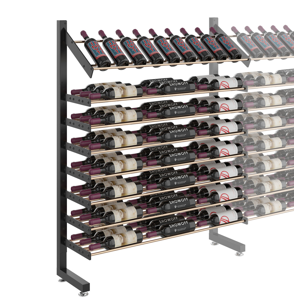 Single-sided display rack, side front view with multiple bottle slots and labeled bottles