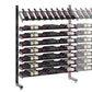 Single-sided display rack with black frame, holding rows of wine bottles, cap-forward view