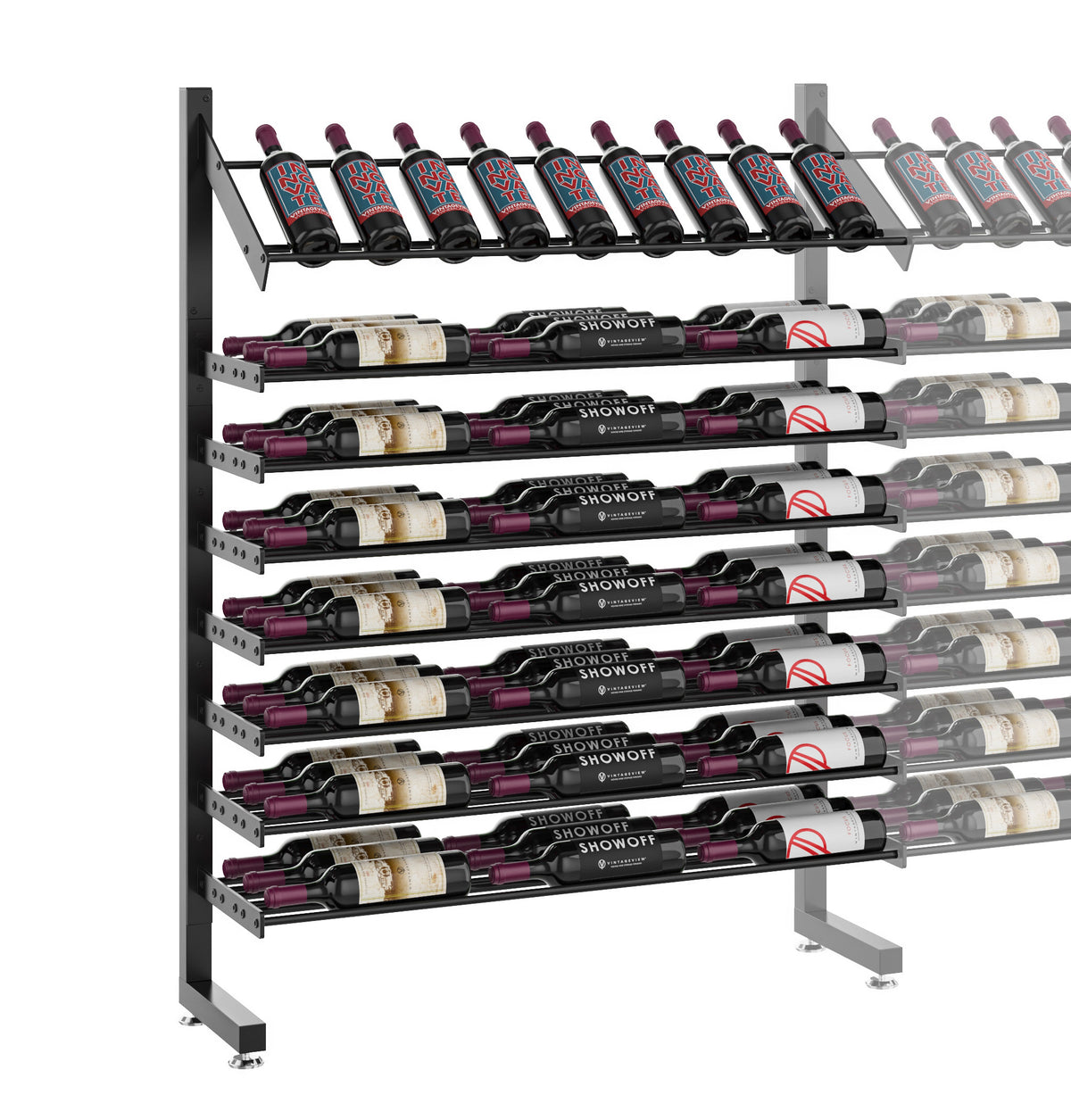 Single-sided display rack with black frame, holding rows of wine bottles, cap-forward view