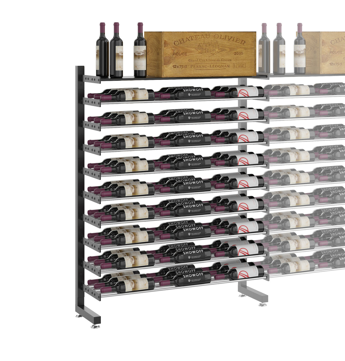 Single-sided wine bottle display rack with shelf, matte black frame, bottles on wire slots