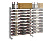 Single-sided wine display rack with shelf, matte black frame, holds rows of wine bottles