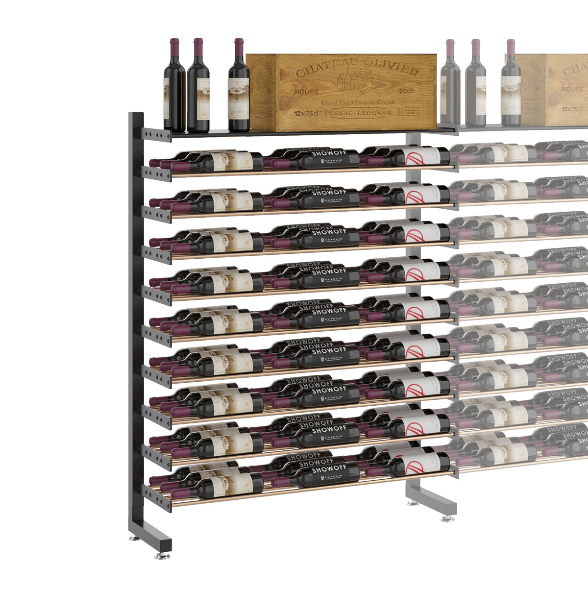 Single-sided wine display rack with shelf, matte black frame, holds rows of wine bottles