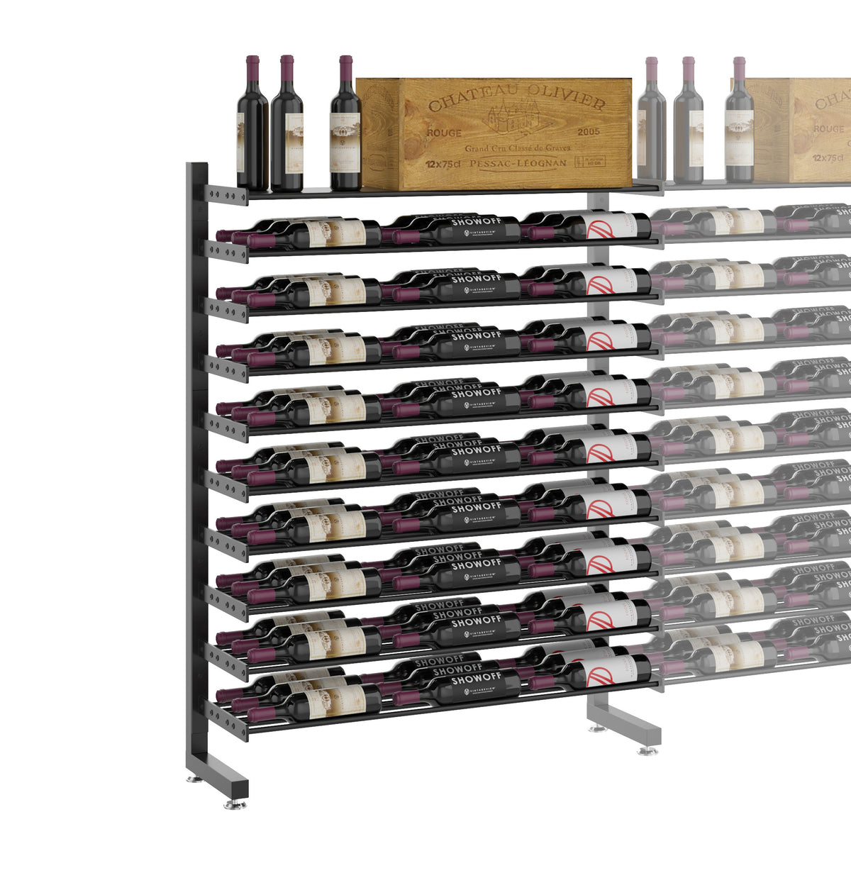 Single-sided wine display rack with shelf, matte black frame, multi-row bottle storage