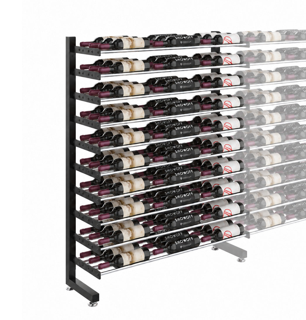 Single-sided wine display rack with black frame, multiple rows of bottles, front view