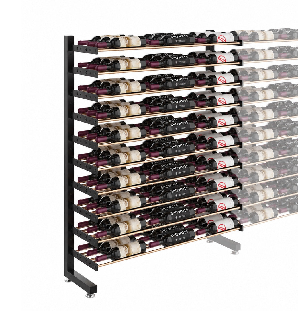 Single-sided wine rack with black metal frame, bottle rows on both front and side