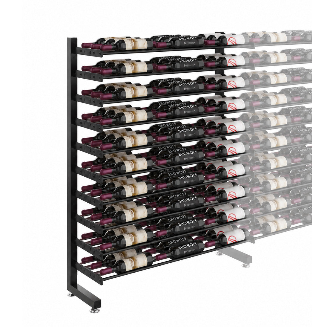 Single-sided wine bottle display rack showing black frame feet and bottle storage