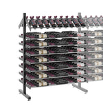 Double-sided wine bottle display rack, close view of stacked rows with labeled bottles