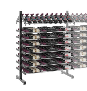 Double-sided wine bottle display rack, close view of stacked rows with labeled bottles