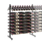 Double-sided bottle display rack on stand, rows of bottles with purple and black caps