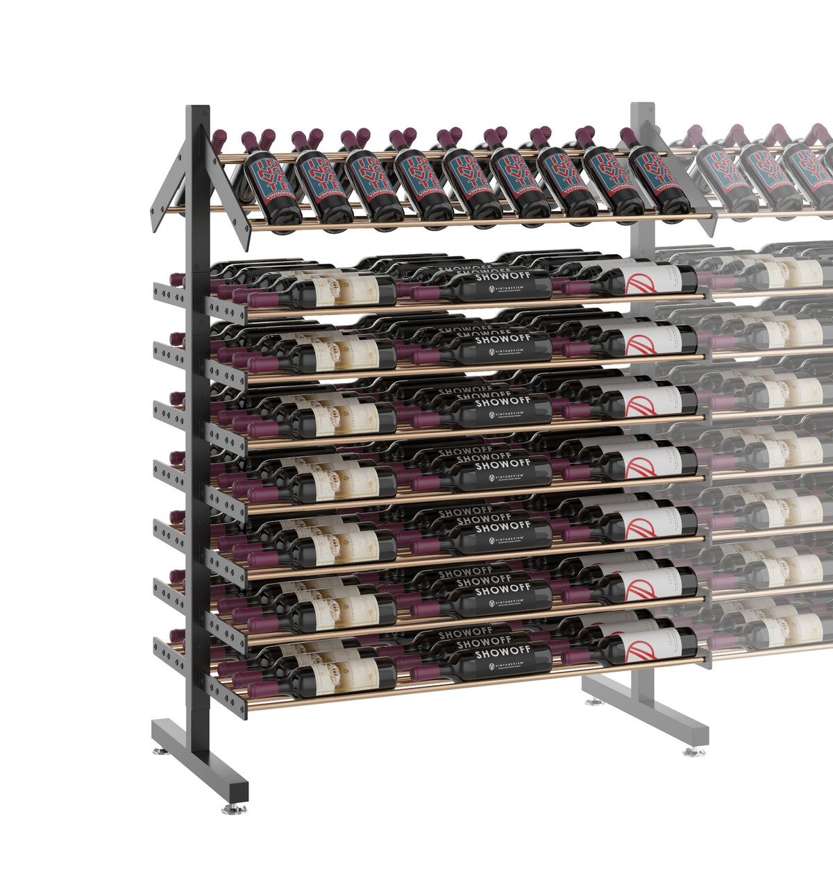 Double-sided bottle display rack on stand, rows of bottles with purple and black caps
