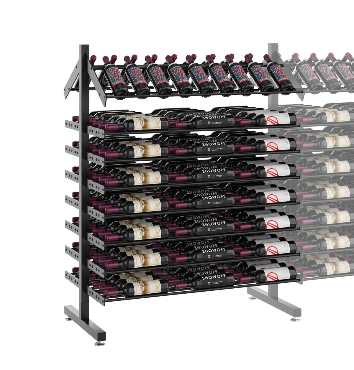 Double-sided bottle display rack, angled view showing top and middle rows of bottles