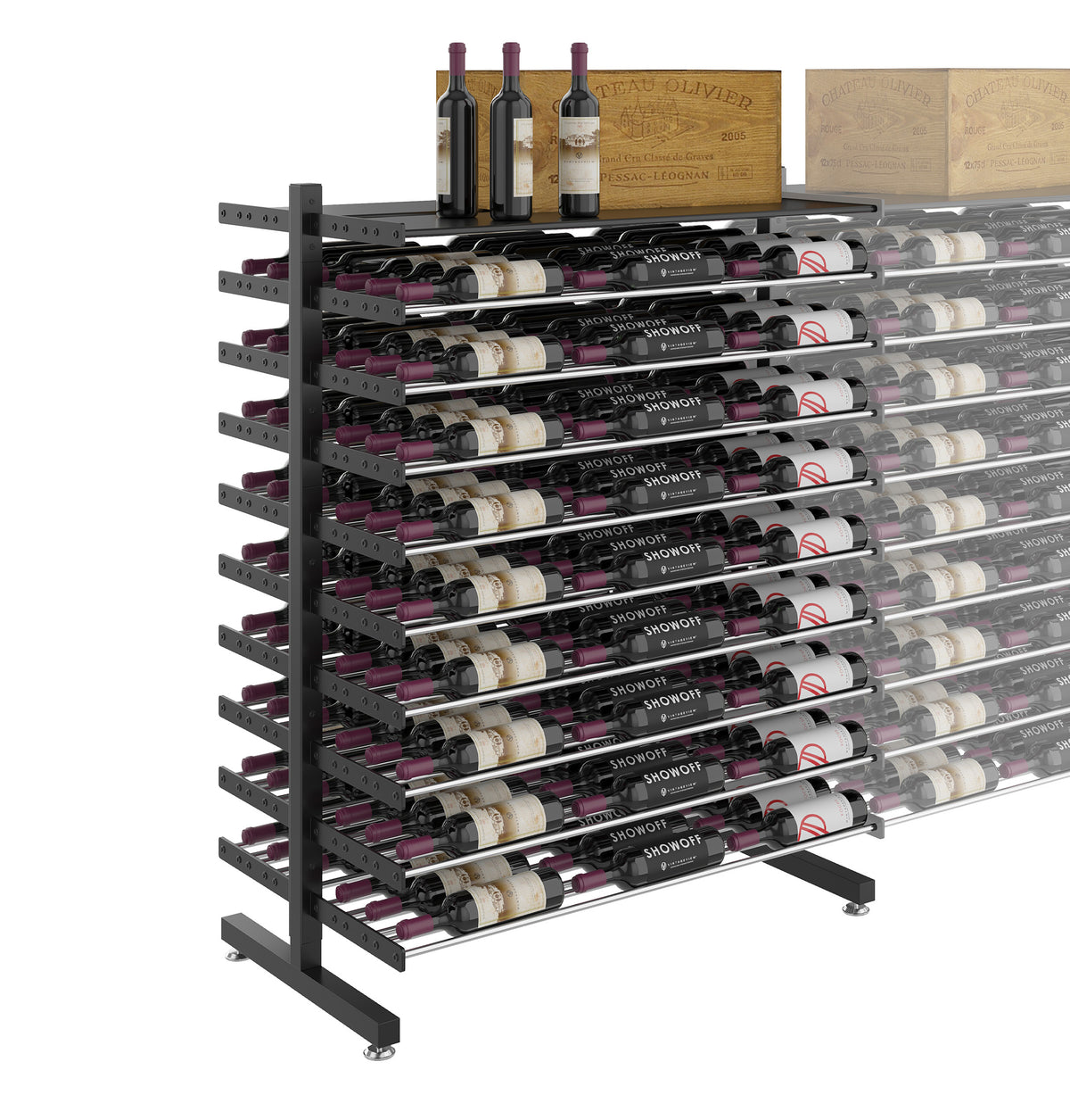 Double-sided wine rack with shelf bar top and bottles on staggered levels
