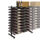 Wine bottle display rack with dark metal supports and clear front bottle cradles