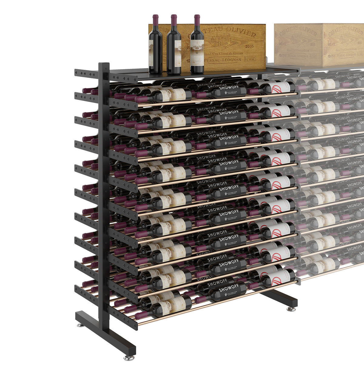 Wine bottle display rack with dark metal supports and clear front bottle cradles