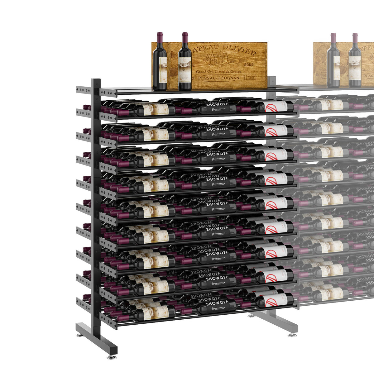 Side view of double-sided wine display rack with long shelf and bottle lineup