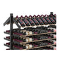 Double-sided bottle display rack, black frame, front rows of wine bottles with purple caps