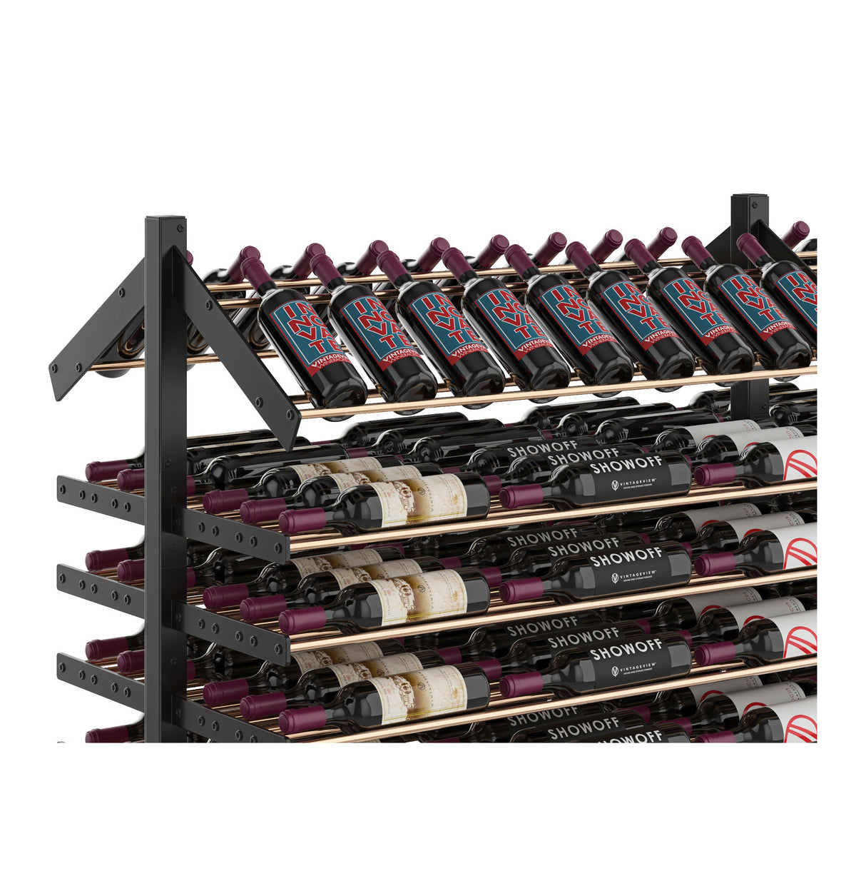 Double-sided bottle display rack, black frame, front rows of wine bottles with purple caps