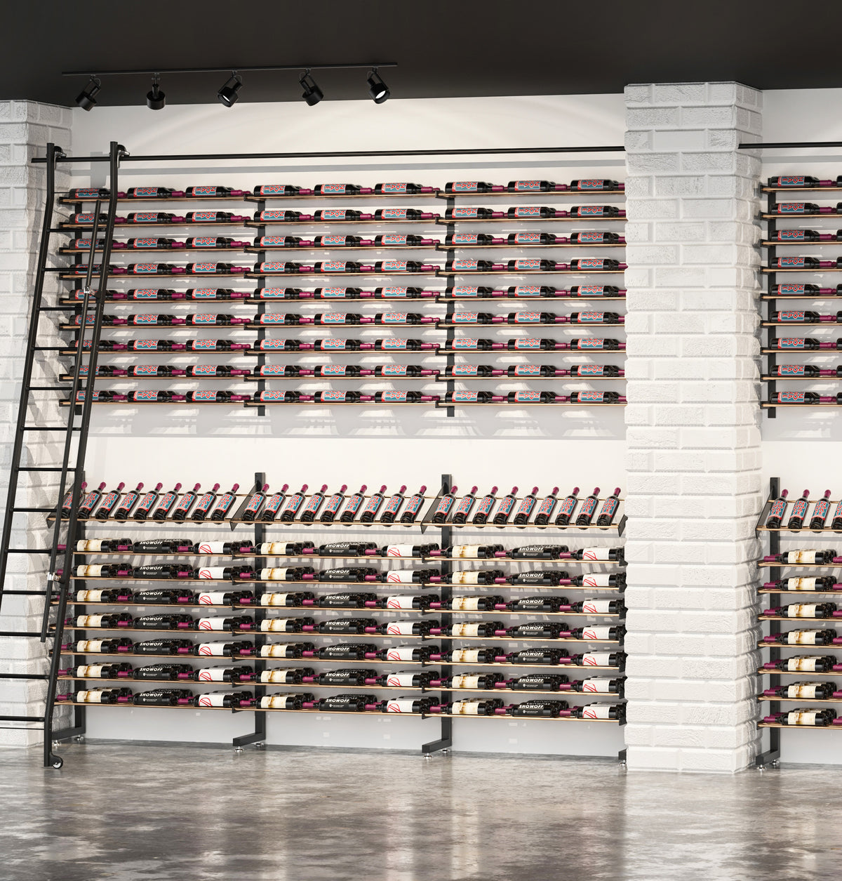 Double-sided bottle display rack with multiple rows, black frame, bottles facing both sides