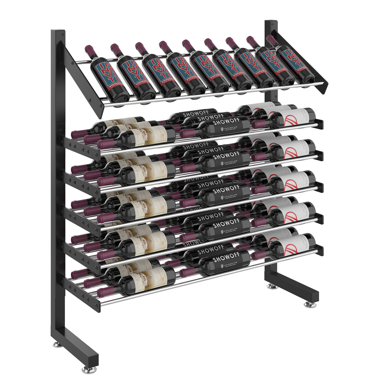 Matte black single-sided wine rack with angled top bottle row and lower shelf tiers