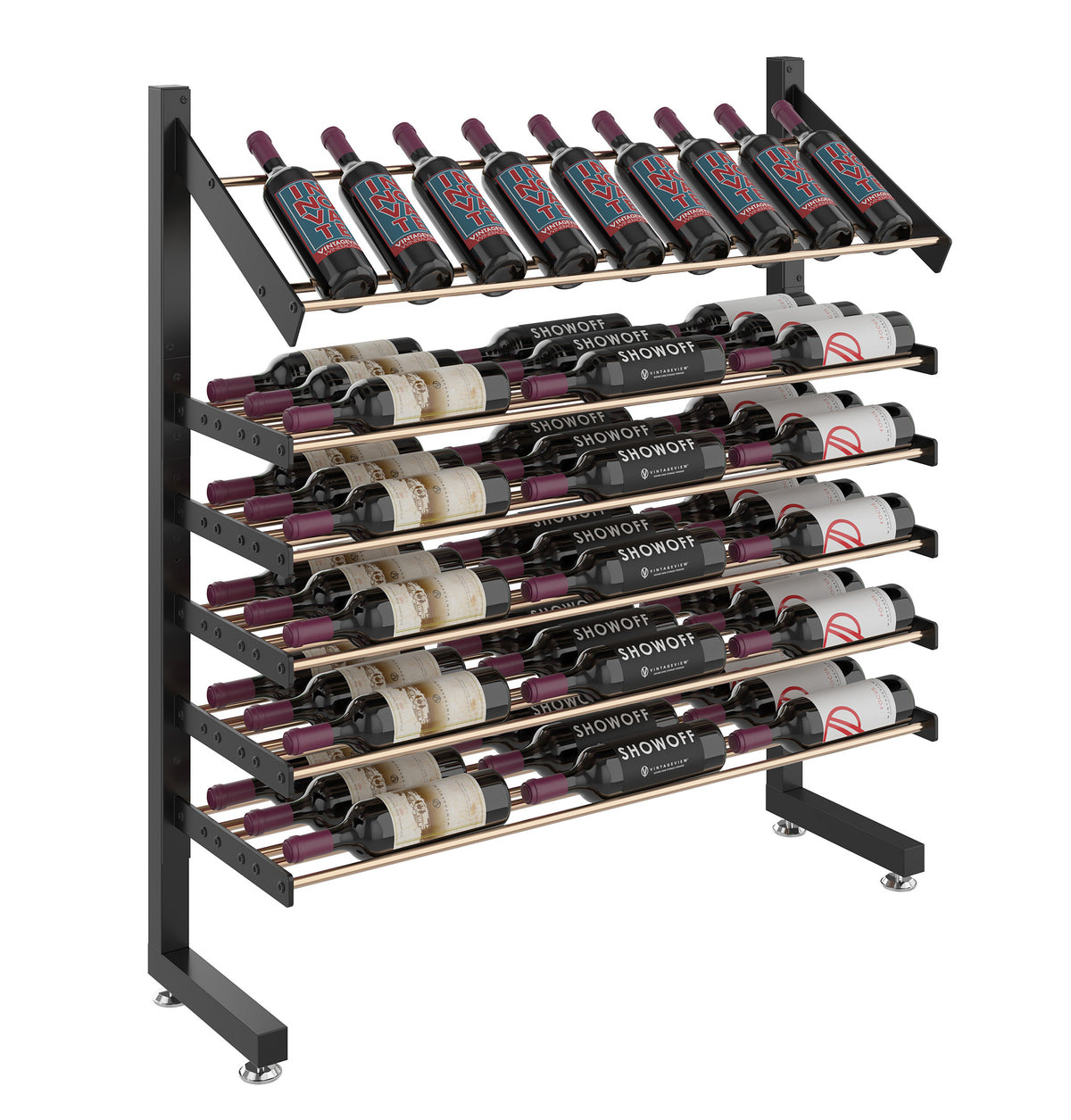 Matte black single-sided wine display rack with multiple bottle cradles and flat tiers