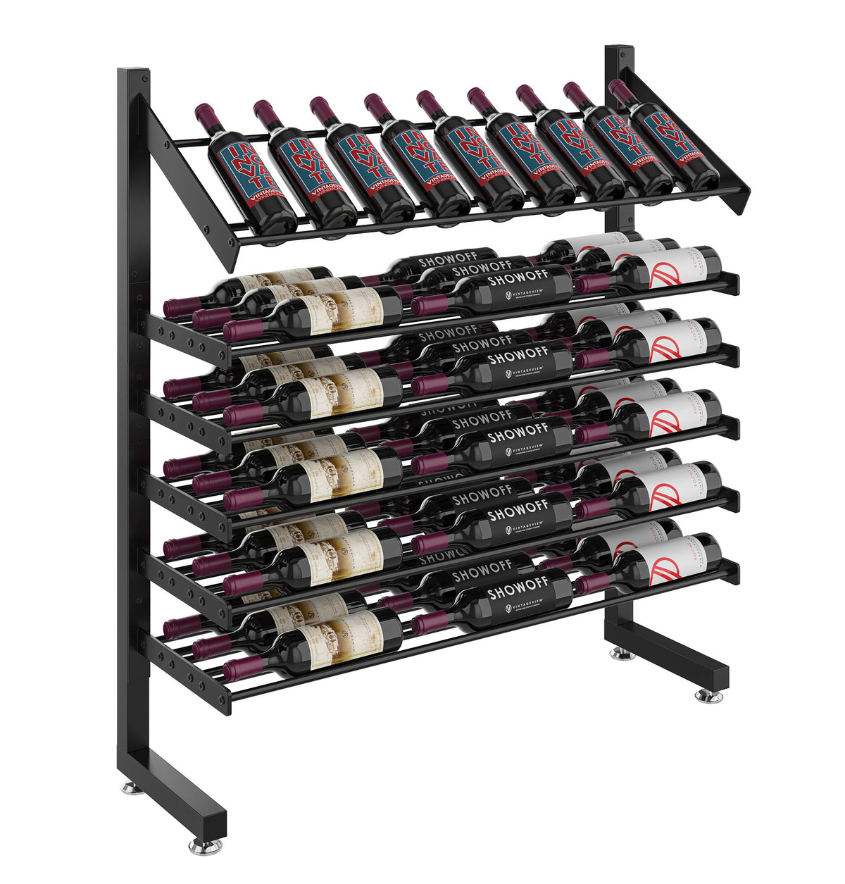 Matte black single-sided wine display rack with front leg and angled top bottle row
