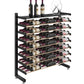 Single-sided wine bottle display rack with shelf, matte black frame and rows of bottles