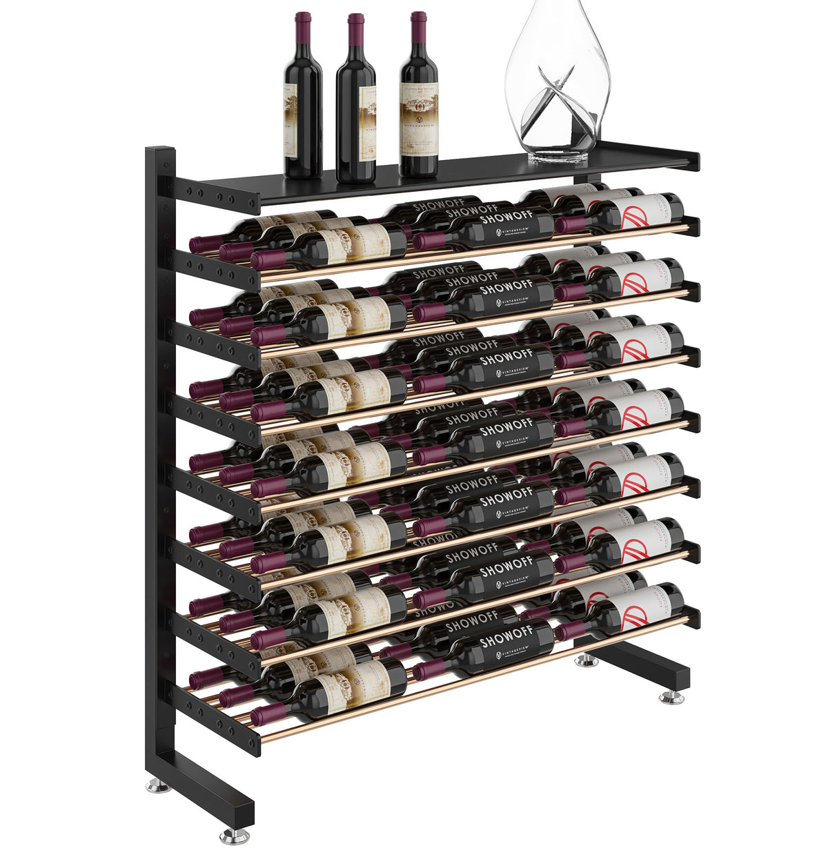 Single-sided wine bottle display rack with shelf, matte black frame and rows of bottles