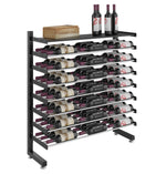 Single-sided wine bottle display rack with shelf, matte black frame and wine bottles with box