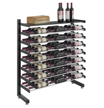 Single-sided wine bottle display rack with shelf, matte black frame and wine bottles with box
