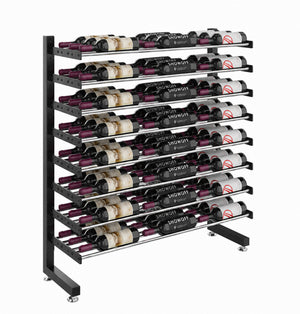 Single-sided wine bottle rack, matte black frame displaying rows of wine bottles
