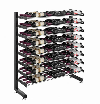 Single-sided wine bottle rack, matte black frame displaying rows of wine bottles