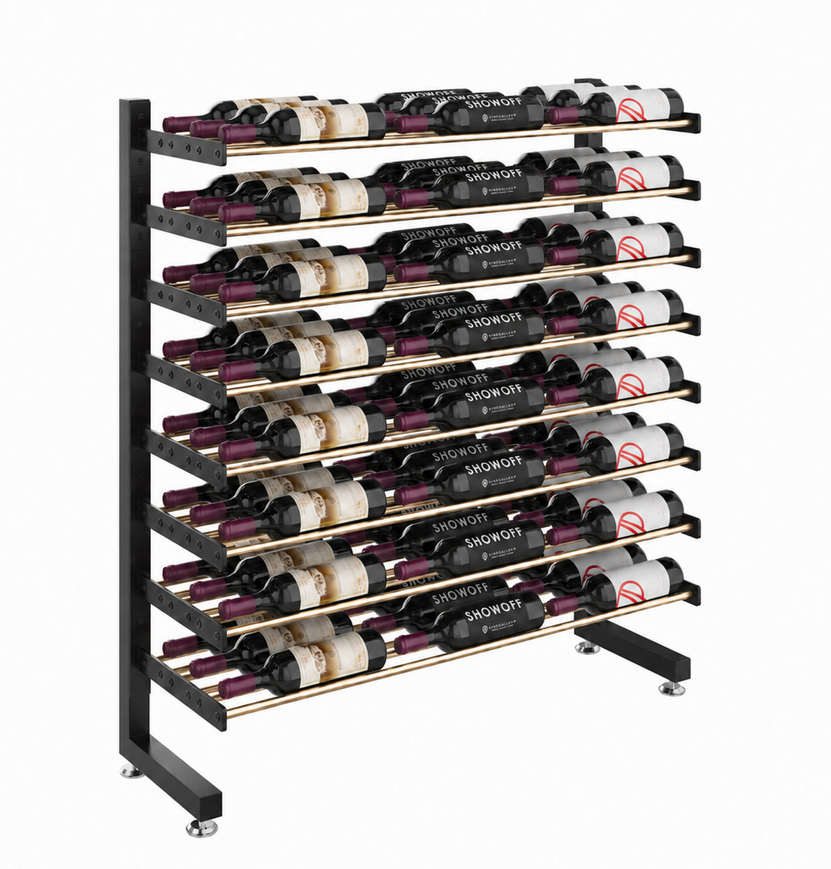 Single-sided wine bottle rack, matte black frame with rows of wine bottles