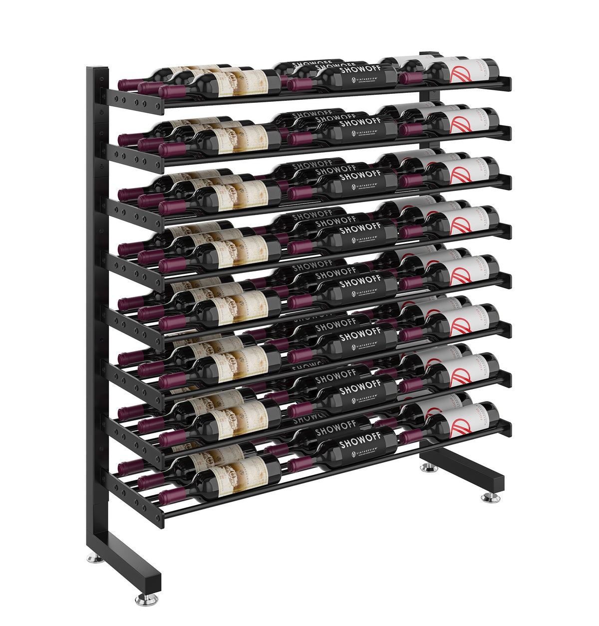Single-sided wine bottle rack front view with matte black frame and wine bottles