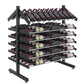 Double-sided wine bottle display rack with black metal frame and rolling base