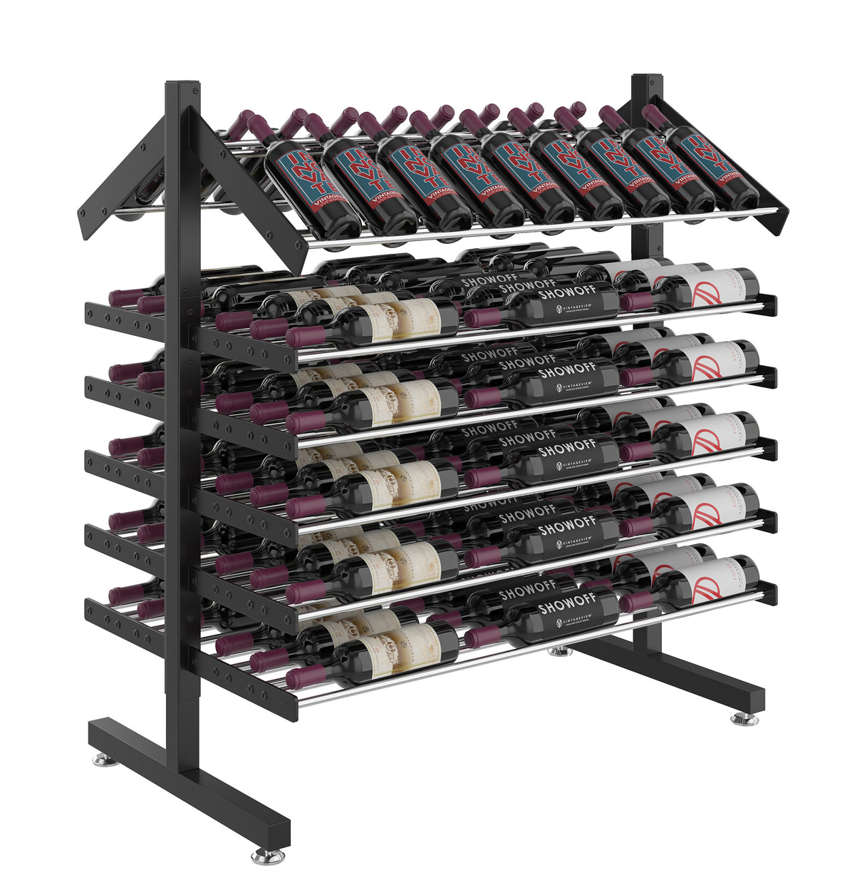 Double-sided wine bottle display rack with black metal frame and rolling base