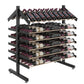 Double-sided wine bottle display rack in matte black with bottle slots and base