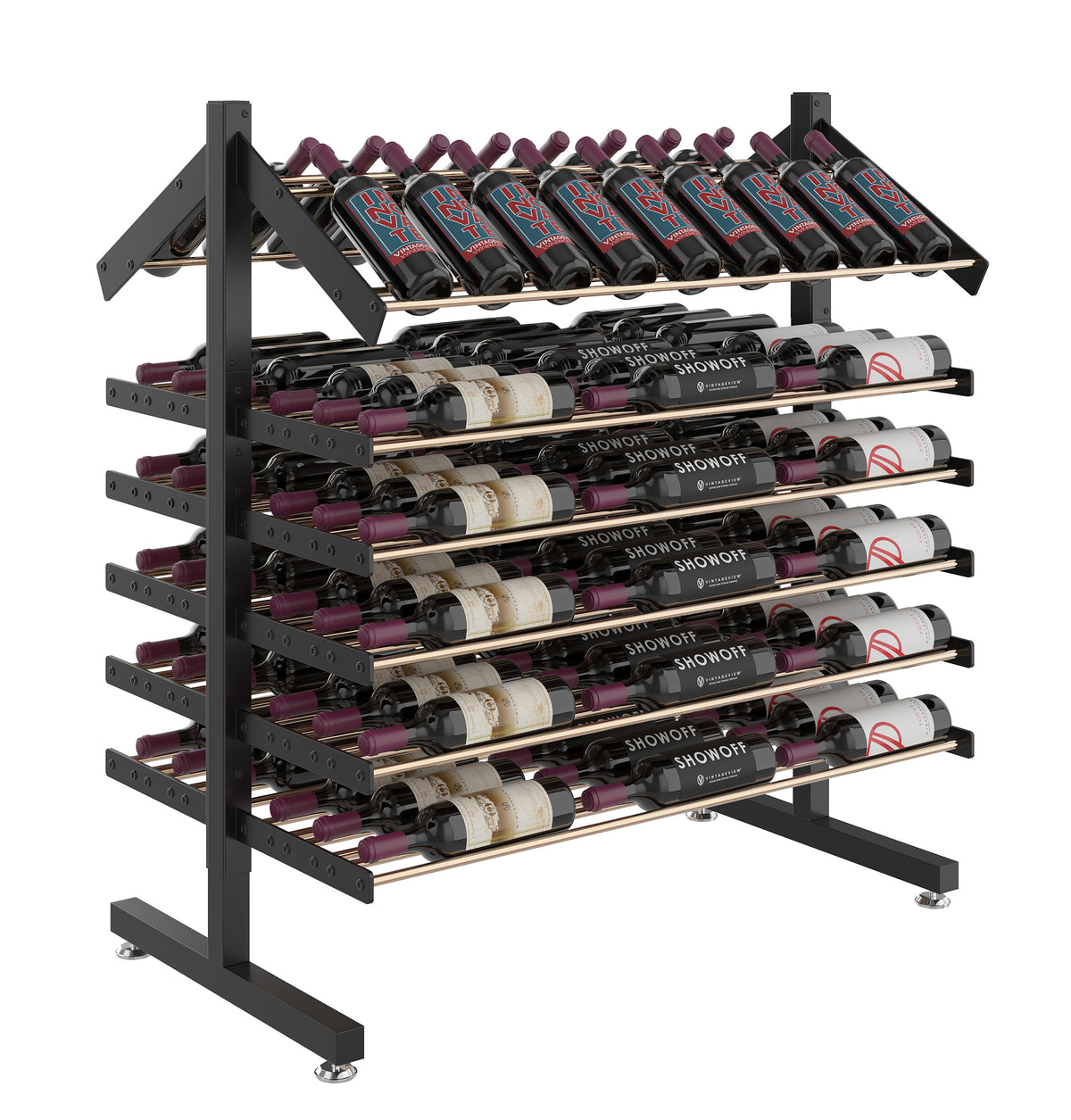 Double-sided wine bottle display rack in matte black with bottle slots and base
