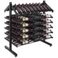 Angled view of double-sided wine bottle display rack with black metal frame