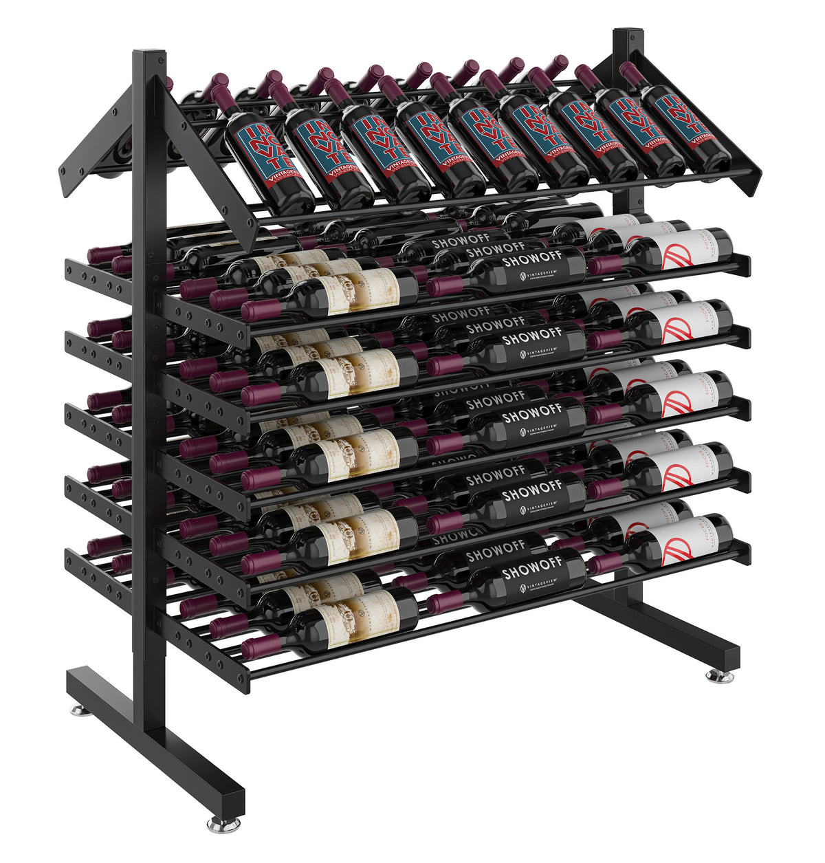 Angled view of double-sided wine bottle display rack with black metal frame