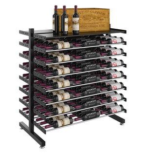Double-sided wine bottle display rack with shelf, black metal, assorted bottles on casters