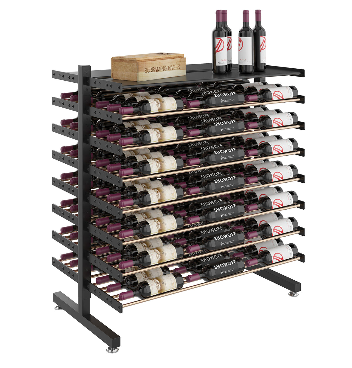 Double-sided wine bottle display rack with shelf, black frame, assorted bottles on tiers