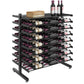 Double-sided wine bottle display rack with shelf, black metal, bottle rows with front labels