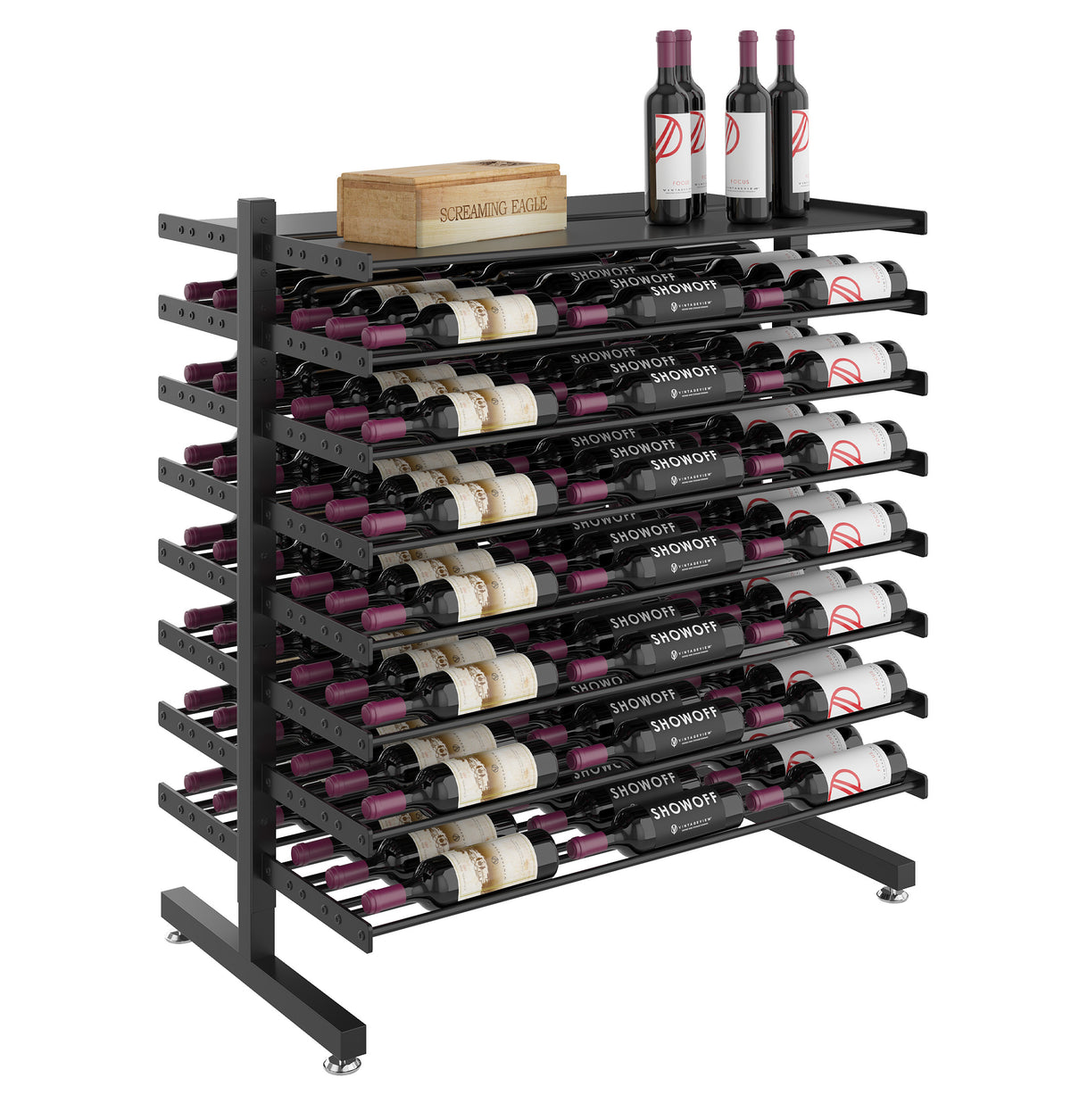 Double-sided wine bottle display rack with shelf, black metal, bottle rows with front labels