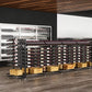 Double-sided island display rack interior with bottle storage shelves and black base